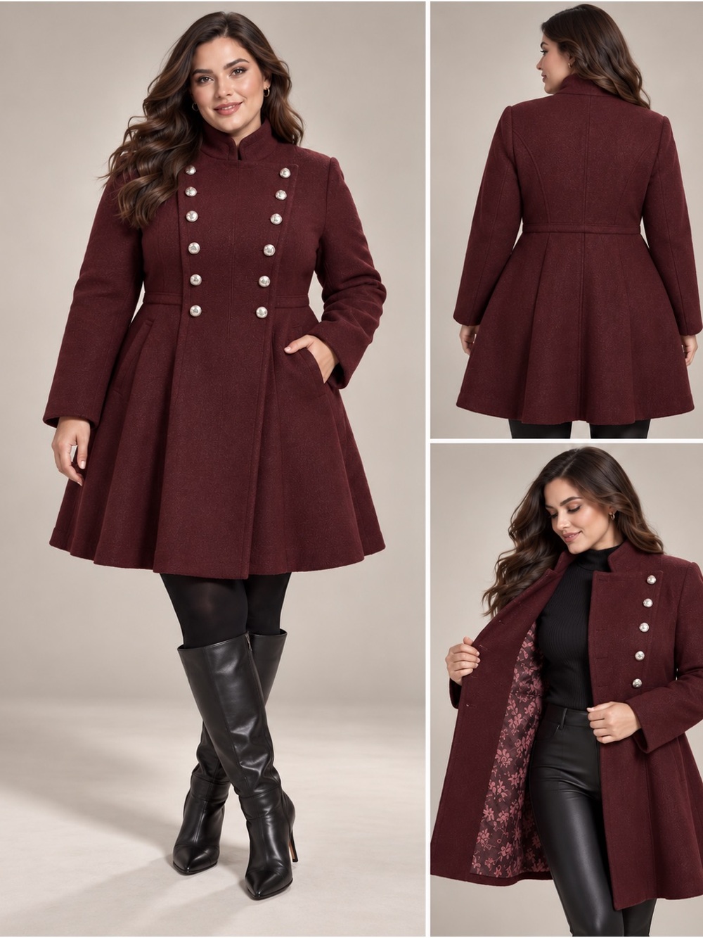 Guess skirted peacoat double breasted wool blend military coat equestrian wine
